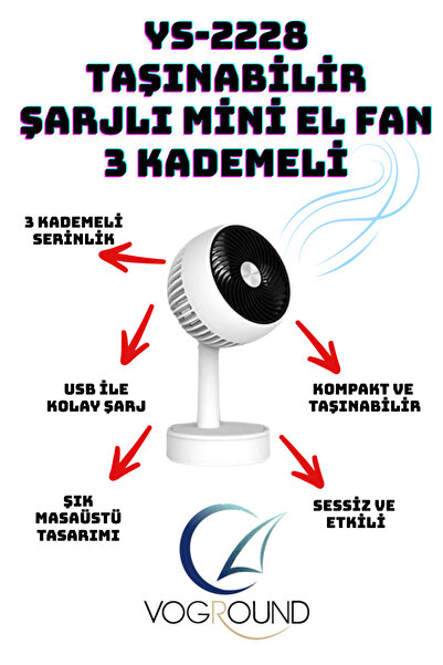 Voground Taşınabilir Şarjlı Mini Fan 3 Derece Portatif Fan Vantilatör Klima Ş...