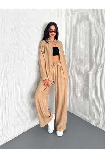 Butik Merrline Women's Beige Strawberry Linen Fabric Mini Button Shirt Wide Leg Pants Bottom Top Two-Piece Set