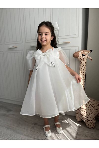 Sare Çocuk Giyim Princess White Girl's Dance Dress, Bow Collar Merasim Evening Dress + Buckle