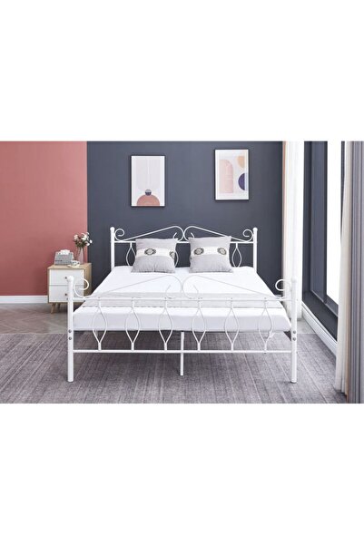 Generic إطار سرير معدني قوي، بناء متين، مع شرائح معدنية، تصميم أنيق، 200×200 سم، أبيض