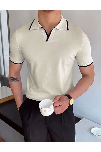 Moderk Pánské tričko Old Money Polo Neck Knitwear s bílým proužkem Detailní nepotí a nepillulující