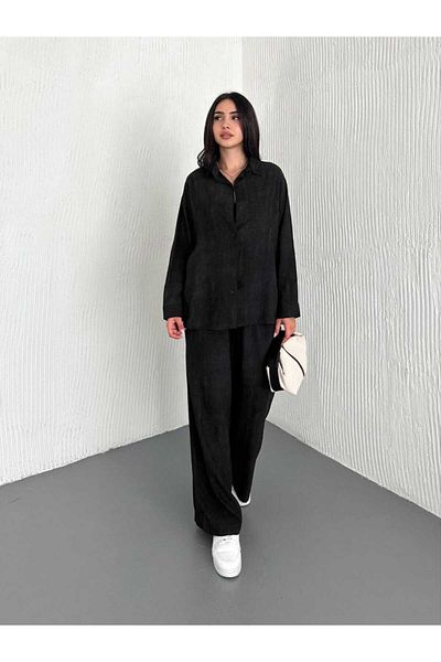 Butik Merrline Women's Black Strawberry Linen Fabric Mini Button Shirt Wide Leg Pants Bottom Top Two-Piece Set