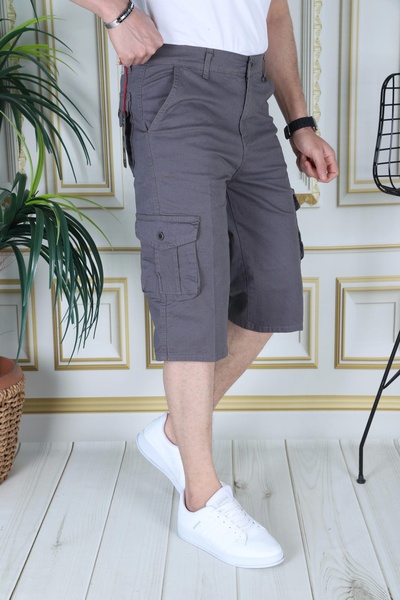 PHANTOM JEANS Gri Erkek Slim Fit Kapri Likralı Gabardin Diz Altı Kargo Cepli Bermuda