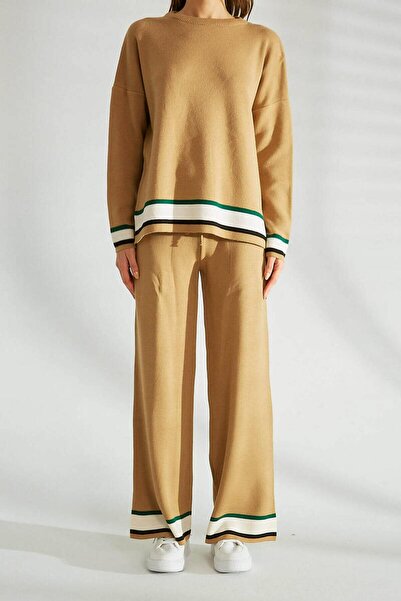 Robin Çizgi Desenli Triko Takım Vizon-siyah