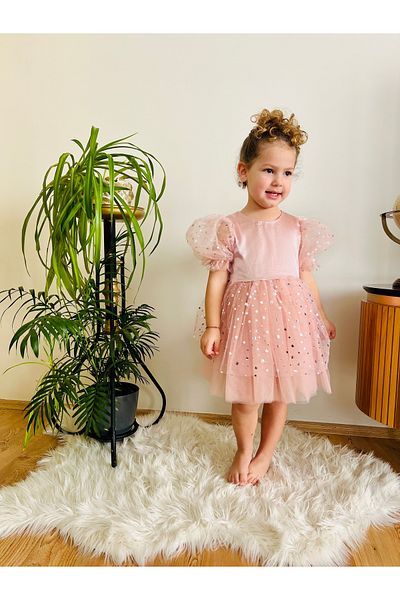 penu baby kids Powder Short Balloon Sleeve Skirt Star Print Top Satin Bow Girls' Baby Girl Dress