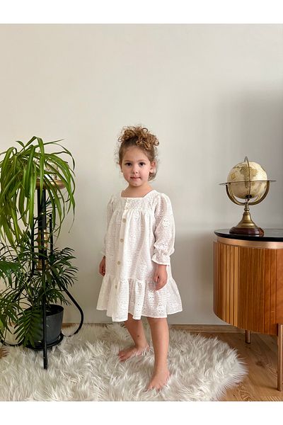 penu baby kids Ecru Scallop Front Buttoned Cotton Lined Long Sleeve Baby Girl Dress