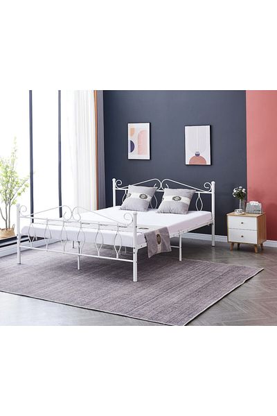 Generic Sturdy Metal Bed Frame Solid Construction with Metal Slats Elegant Design 200x200cm White