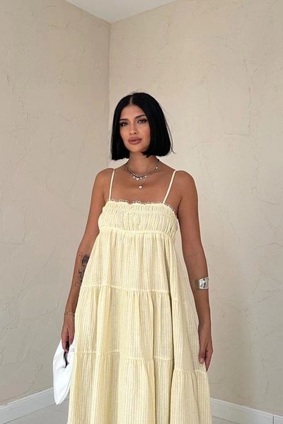 OFFO Rochie de muselină cu dungi cu bretele galbene
