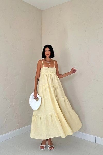 OFFO Rochie de muselină cu dungi cu bretele galbene
