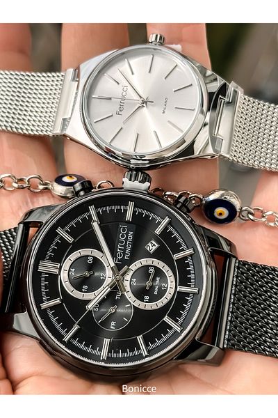 Ferrucci Silver Black Color Steel Cord Dear, Couple Wristwatches Rosary Bracelet