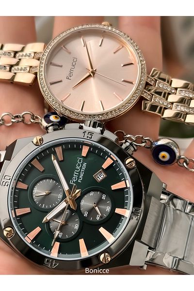 Ferrucci Silver/Green Steel Band Lover Watches - Rosary Bracelet Gift