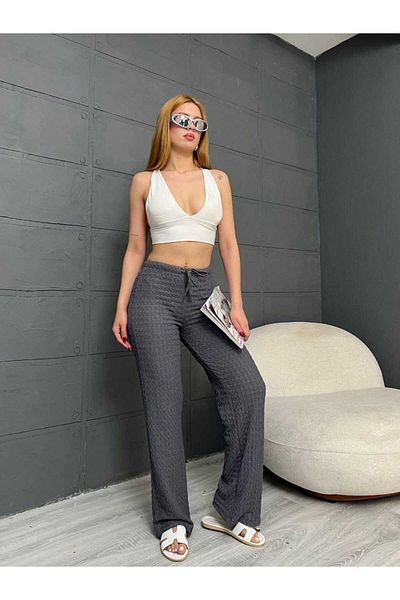 Butik Merrline Women's Gray Gagari Fabric High Waist Wide Leg Basic Pants