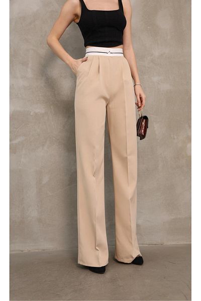 Sea Queen Women's High Waist Asymmetrical Reverse Belt and Double Gimp Detailed Palazzo Fabric Pants