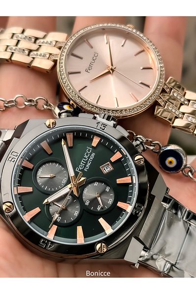 Ferrucci Silver/Green Steel Band Lover Watches - Rosary Bracelet Gift
