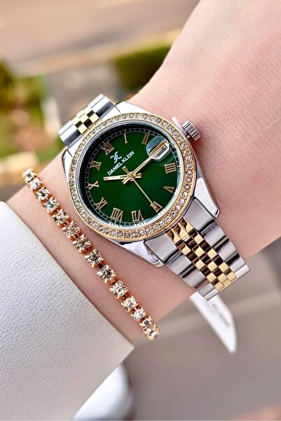 Daniel Klein Kadranı Yeşil Kordonu Gold Gümüş Renk 32,5 Mm Takvimli Kadın Kol...