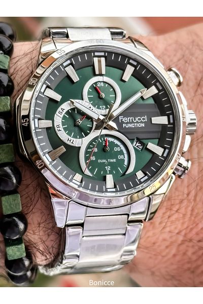 Ferrucci Functions Active Green Dial,Silver Steel Band,Guaranteed, Men's Wristwatch Bracelet with Calendar