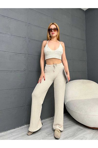 Butik Merrline Women's Cream Gagari Fabric High Waist Wide Leg Basic Pants