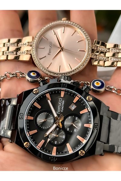 Ferrucci Brand Silver Rose Color Steel Cord, Dear Couple Wristwatches + Rosary Bracelet