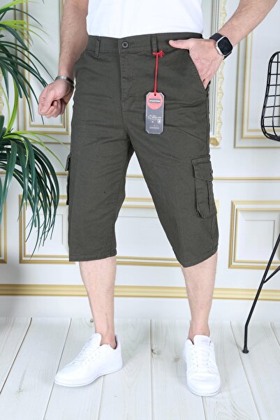 PHANTOM JEANS Haki Erkek Slim Fit Kapri Likralı Gabardin Diz Altı Kargo Cepli Bermuda Baba-Genç
