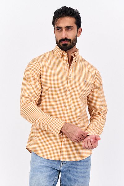 Gant Men Regular Fit Checkered Long Sleeves Dress Shirt, Rusty Orange Combo