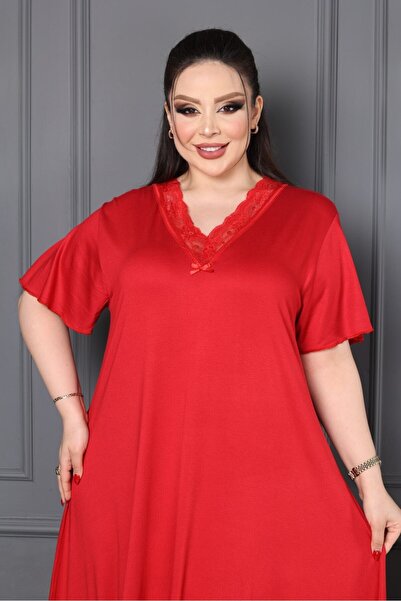 şuranur Bambu V Yaka Dantel Detaylı Eteği Kloş Elbise Büyük Beden