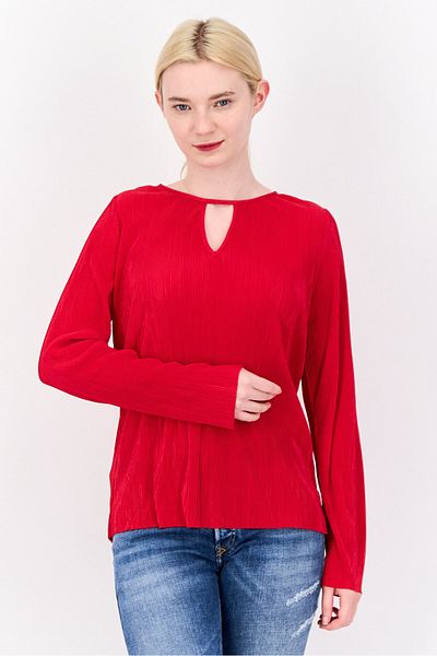 CYRUS Women Key Hole Neck Long Sleeve Textured Blouse, Red