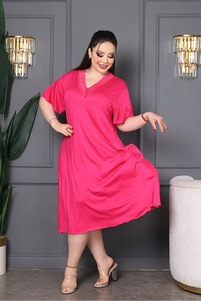 şuranur Bamboo V-Neck Lace Detail Flared Dress Large Size 6XL