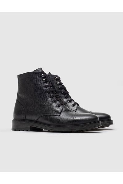 Cabani Genuine Leather Men's Black Lace-up Zippered Casual Boots