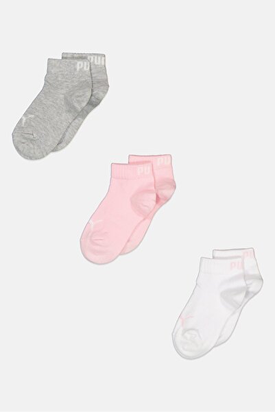 Puma Toddlers Girl 3 Pairs Brand Logo Quarter Socks, Pink/White/Grey