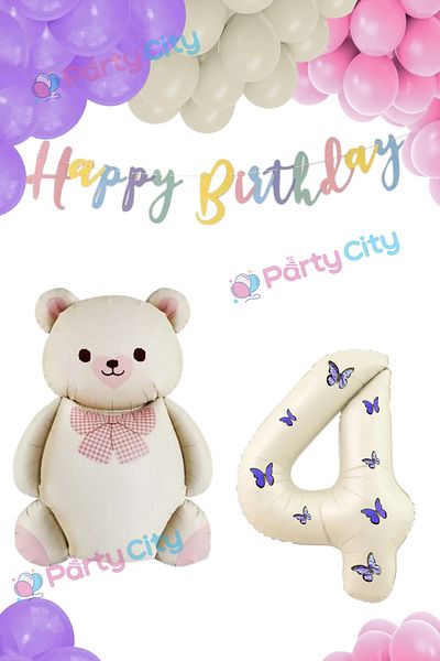Party City Σετ γιορτής γενεθλίων με θέμα το μπαλόνι Big Bear με παπιγιόν 4 ετών - Μπαλόνι με φύλλο κρέμας με πεταλούδα