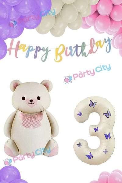 Party City Σετ γιορτής γενεθλίων με θέμα το μπαλόνι Big Bear με παπιγιόν 3 ετών - Μπαλόνι με φύλλο κρέμας με πεταλούδα