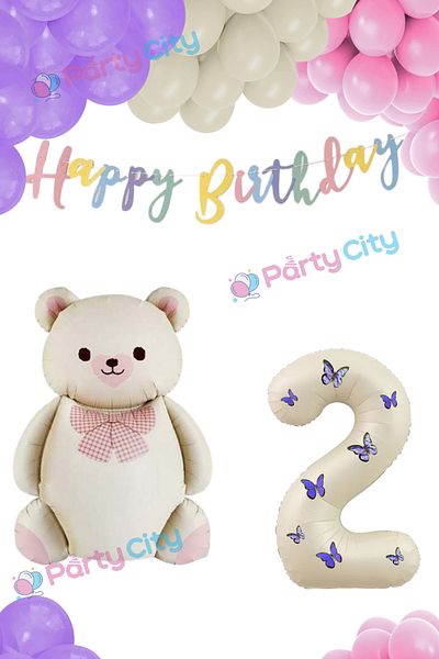 Party City Σετ γιορτής γενεθλίων με θέμα το μπαλόνι Big Bear με παπιγιόν 2 ετών - Μπαλόνι με φύλλο κρέμας με πεταλούδα