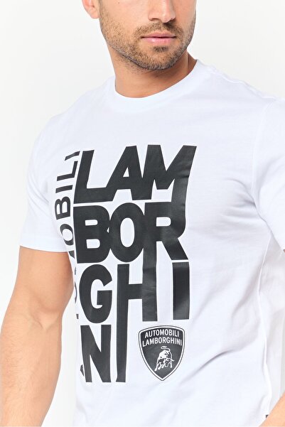 Lamborghini Men Crew Neck Short Sleeves Brand Logo T-Shirt, White