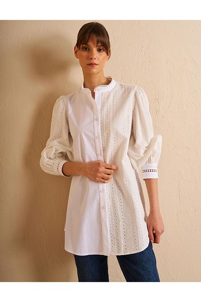 Kayra Optical White Garnished Cotton Tunic