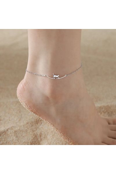 Choice AMS80054B Tiny Korean Chain Cat Charm Anklet For Women Gold Color Leaf Heartbeat Silver Plating Cat