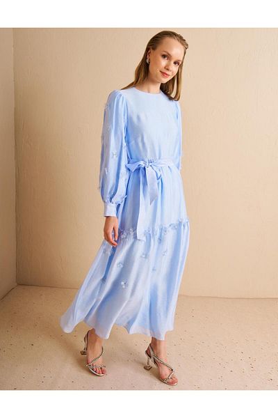 Kayra Φόρεμα Ice Blue Jacquard, Σχέδιο Απλικέ Λουλούδι
