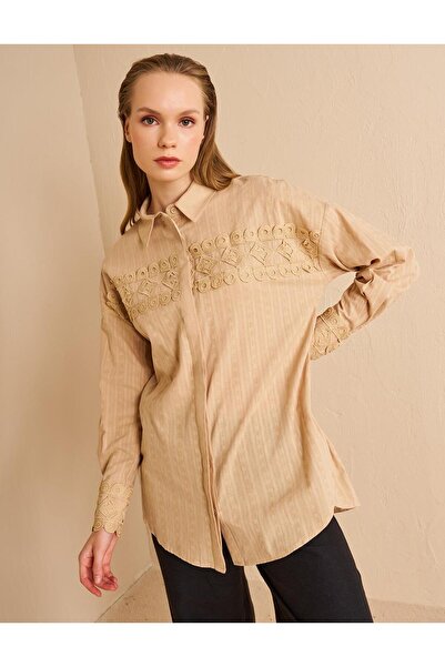 Kayra Τούνικ μπεζ με λεπτομέρεια από 100% βαμβακερή ρίγα