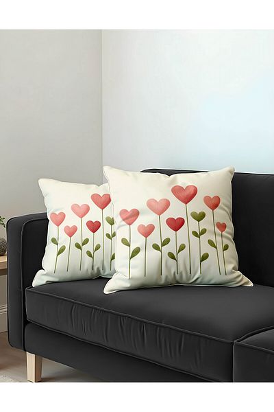 Hayal Dekoratif Punch Embroidery Patterned Heart Cream Background Digital Printed 2-Piece Throw Pillow Cover