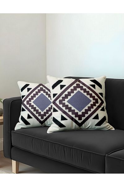 Hayal Dekoratif Model de broderie cu perforare, model geometric, fundal crem deschis, imprimat digital, husă de pernă din 2 piese