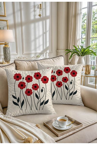 Hayal Dekoratif Punch Embroidery Patterned Heart Cream Background Digital Printed 2-Piece Throw Pillow Cover