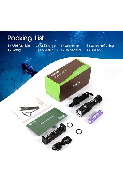 Choice 18650 Fixed Focus Black M With 18650 Battery Aplos Ap01 1050 Lumens Diving Flashlight Xm-l2 5000k Le