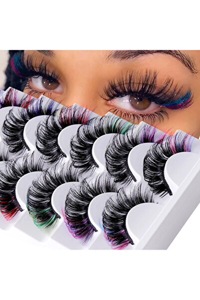 Choice 7 أزواج من الرموش الملونة من فرو المنك الصناعي الرقيق مع اللون، رموش تجعيد كثيفة وطويلة درامية على شكل حرف V.