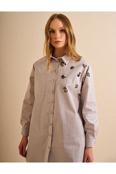 Kayra Sequin Embroidered Poplin Tunic in Gray Color