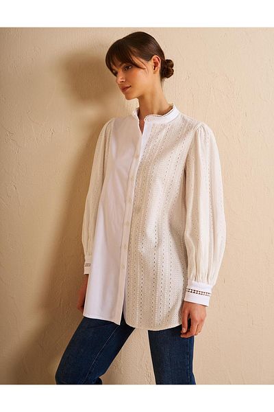 Kayra Optical White Garnished Cotton Tunic