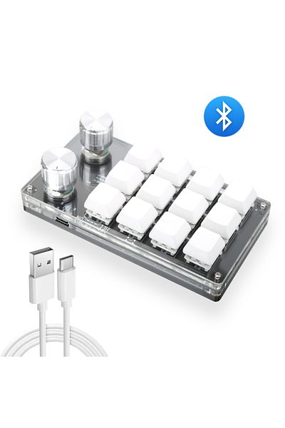 Romoral K12-White-BT USB Macro Custom Mini Keyboard 12 Keys 2 Knob Programming DIY Mechanical Keyboard Gamin