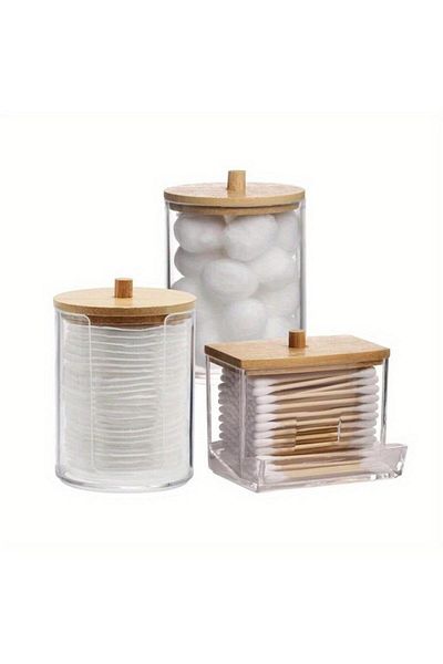Choice Bamboo lid 3 Pack Cotton Swab Dispenser, Holder Dispenser Set, Storage Organizer Holder with Lid for