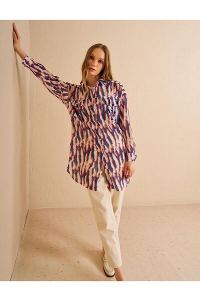 KYR Navy Blue Abstract Pattern Shirt Collar Tunic