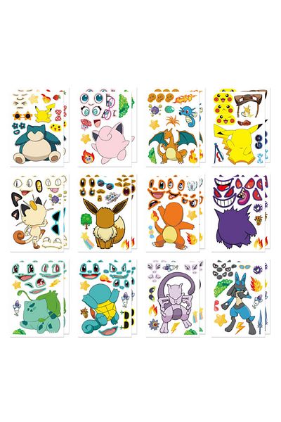 Choice 6PCS 6/12Sheets Cute Pokemon Puzzle Anime Stickers DIY Make-a-Face Assemble Funny Cartoon Decal Asse