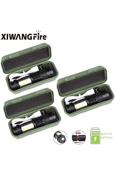 XIWANGFIRE 3PCS With Box Mini Portable 2000 Lumens Led Flashlight Built In Battery Torch COB Variable Focus Wat