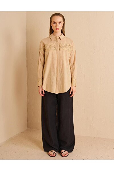 Kayra Τούνικ μπεζ με λεπτομέρεια από 100% βαμβακερή ρίγα